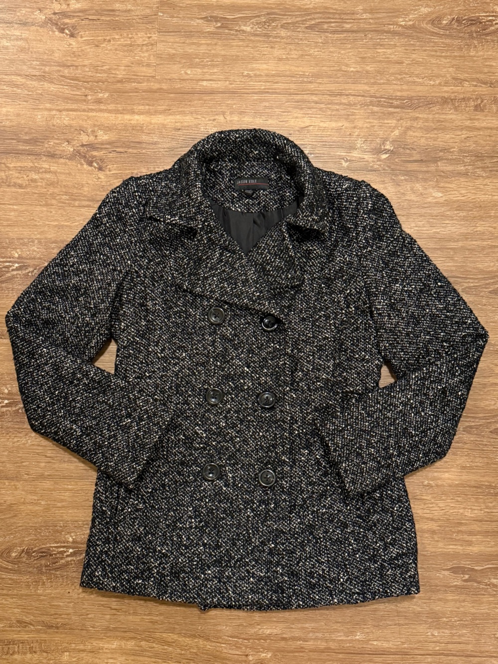 Women's Black Heathered Pea Coat with Classic Double-Breasted Styling